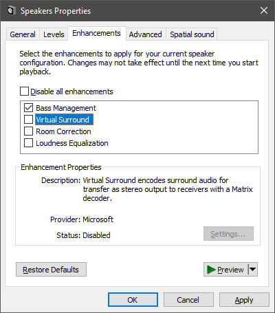 Speaker Properties Window